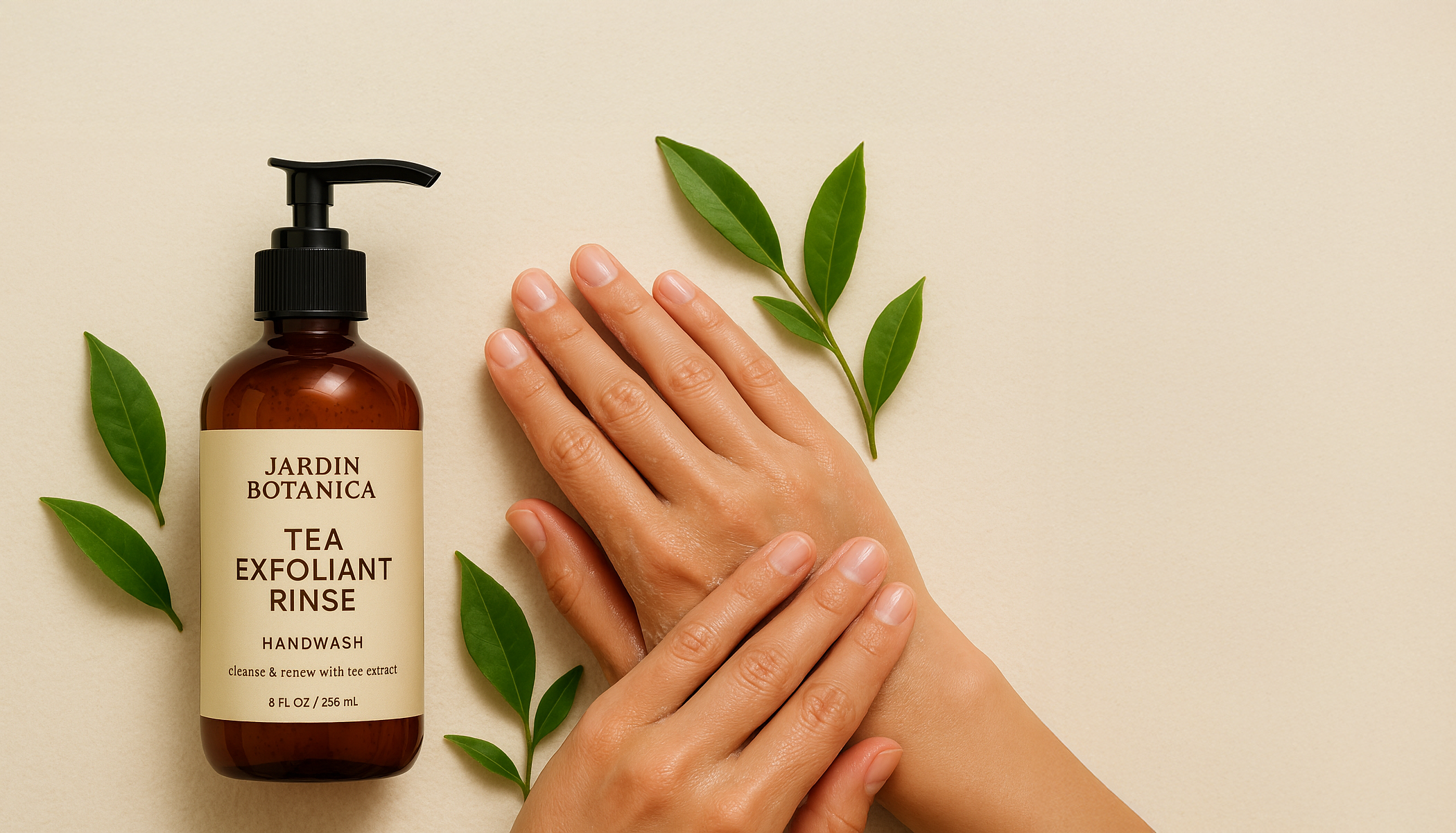 Jardin Botanica Tea Exfoliant Rinse with hands and botanical elements